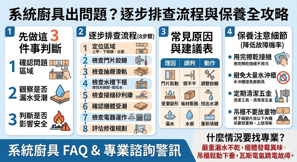 當家中的系統廚具出現抽屜卡頓、門板歪斜或五金異音時，先別急著更換新品。透過本文整理的 8 個專業排查步驟，您能快速掌握常見問題的根源，從檢查鉸鏈鬆動、調整滑軌定位到排除面板受潮變形，全面涵蓋實用的修復技巧與DIY維護建議。無論是想節省昂貴的維修費用，還是希望延長廚房設備的使用壽命，這份詳盡的檢修指南都能協助您在問題惡化前精準出手，讓廚房作業環境恢復運作順暢與美觀。