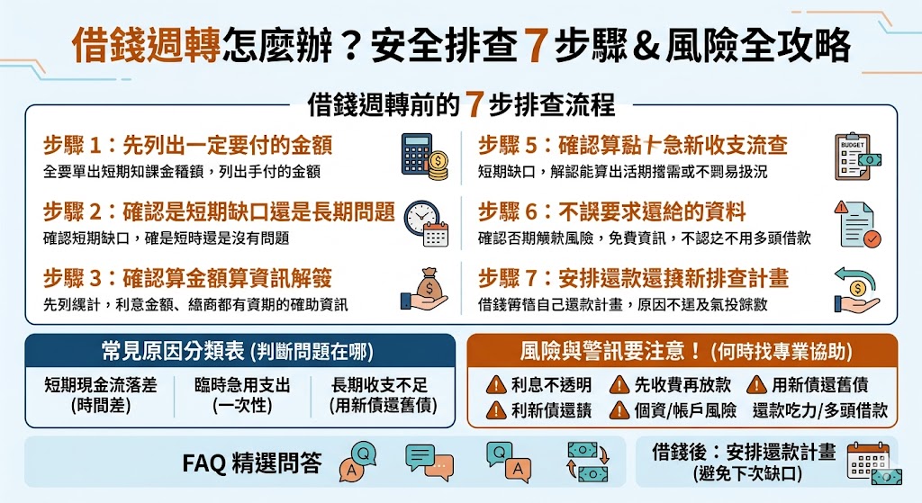 當面臨資金週轉壓力時，保持冷靜並採取正確的應對措施至關重要。本文建議在借錢前必做的三件事，包括精確評估自身還款能力、徹底清查合法的金融管道以及仔細辨識高利貸或詐騙陷阱。透過專業的風險排查與信用管理建議，能幫助您在急需用錢的時刻避開非法地下錢莊與不透明的高額手續費，確保財務狀況不因一時急迫而陷入惡性循環。掌握正確的借貸知識與自我保護機制，才能在安全的前提下解決資金缺口，為自己爭取更多財務緩衝空間與信用保障。