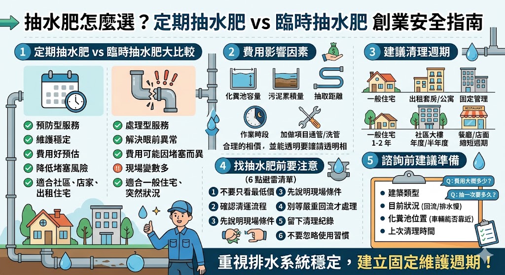 選擇抽水肥服務時，定期維護與臨時清理的差異在於成本控制與系統壽命。定期抽水肥通常建議每年進行一次，能有效防止化糞池滿溢及管路堵塞，延長系統使用年限並維持環境衛生，避免因積存過久導致糞渣硬化而增加處理難度。相比之下，臨時抽水肥往往是在發生馬桶回冒、異味散發或管路完全阻塞時才進行的緊急補救，不僅施工難度較高、報價可能因緊急狀況而波動，長期下來更容易損害建築排水結構。建議住戶與店家建立定期清理習慣，根據使用人數調整頻率，除了能穩定維護預算，更能透過專業技師的例行檢查及早發現硬體問題，確保居家與商業空間的排水系統運作順暢無虞。