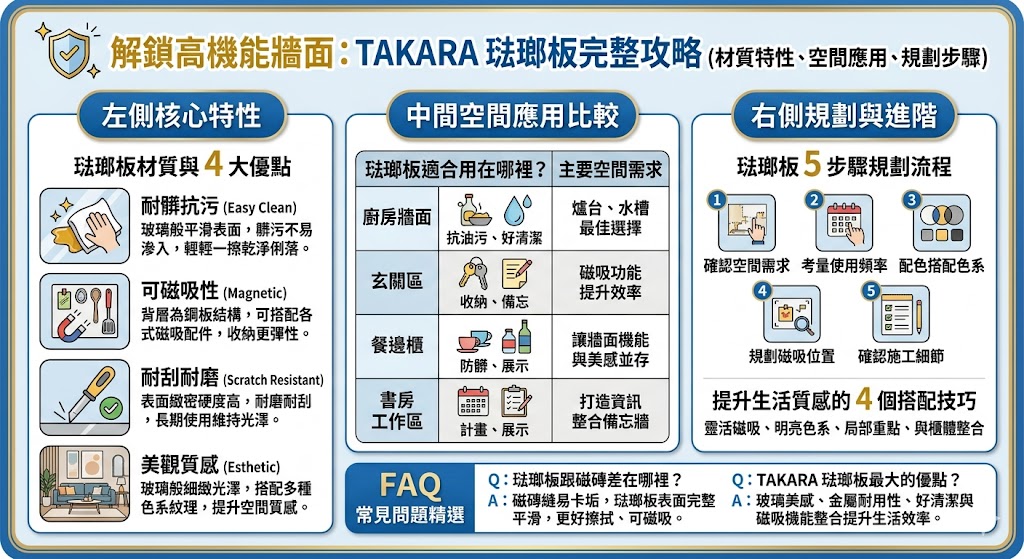 想打造兼具美感與易清理的廚房空間，絕對不能錯過在日本廣受好評的琺瑯板。本文將深入解析 TAKARA 琺瑯壁板的材質特性，帶您了解其抗油垢、耐高溫與抗刮磨等卓越優點，並詳細說明在廚房壁面、浴室及收納規劃中的實際應用。透過專業的規劃重點建議，您能掌握如何利用琺瑯板的磁吸特性提升牆面收納效率，同時結合無縫拼接技術解決傳統磁磚縫隙發霉的痛點。這份全方位的介紹將協助您精準評估琺瑯板是否符合裝修需求，為居家生活創造更持久、耐用且質感倍增的清潔環境。