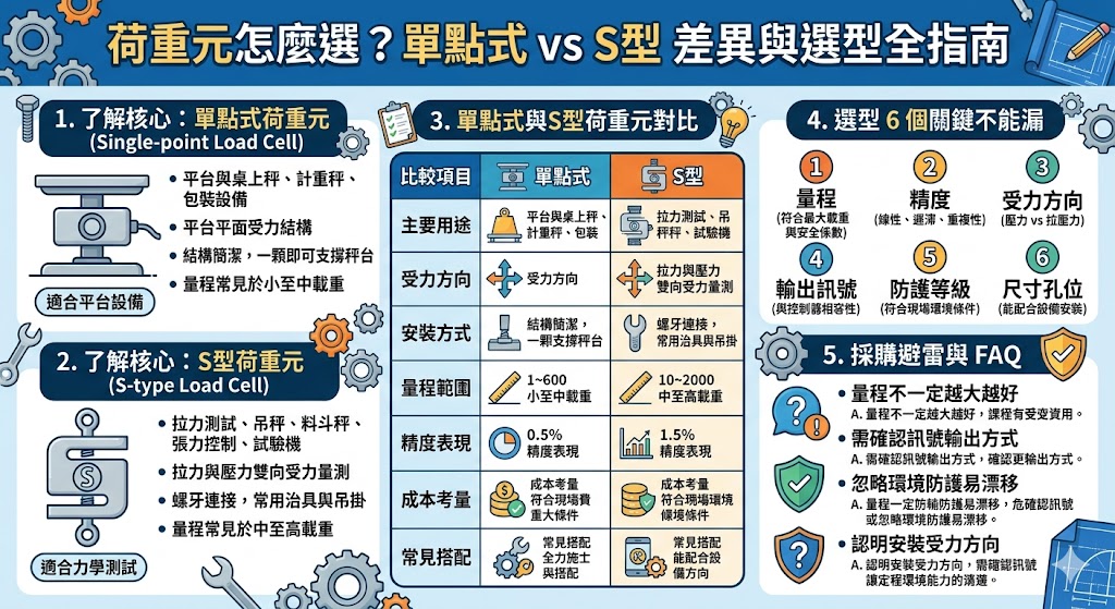 選擇荷重元時，必須根據秤重設備的構造與受力方式進行評估。單點式荷重元內建偏心補償功能，即使物體未放置於中心點也能精準測量，因此廣泛應用於工業電子秤、包裝機及小型台秤。相對而言，S型荷重元則以其雙向受力特性著稱，同時支援拉力與壓力測量，常見於吊秤、拉力測試機或料罐秤重系統。兩者的核心差異在於安裝空間與受力點的限制，單點式簡化了機械結構設計，而S型則提供了更高的應用靈活性。在挑選時，除了考慮感測器類型，更應關注額定負載、準確度等級以及防護等級，確保元件能在特定的潮濕或高粉塵工業環境中穩定運作，避免因選型錯誤導致量測數據偏差或感測器壽命縮短。