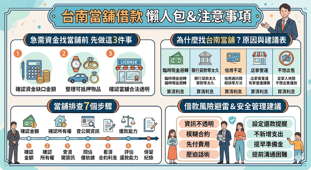 在台南急需資金周轉時，選擇合法的當舖是保障個人權益的首要任務。本文為您整理挑選台南當舖的關鍵排查重點，首先必須確認店家是否具有政府立案的營業許可證，並擁有實體店面以確保合法經營。在利率方面，務必留意法定上限為月息 2.5%，且除了法定的倉棧費外，不應有巧立名目的手續費。此外，合法當舖絕對不會要求扣押身分證件正本或存摺。透過了解當票規範與還款彈性，您能避開高利貸陷阱，在安全透明的環境下快速取得所需資金，讓短期財務壓力得到即時緩解。