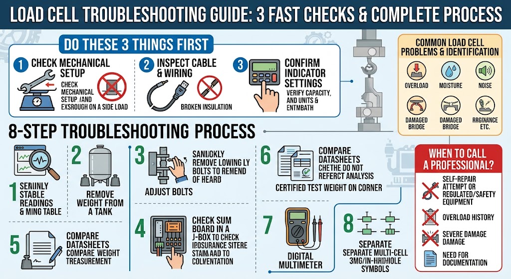 This load cell troubleshooting guide explains what to do when a load cell shows unstable readings, zero drift, incorrect weight values, or no output. It covers the most common causes, including mechanical overload, side load, damaged wiring, moisture intrusion, electrical noise, calibration errors, and indicator setting issues. The article also provides a clear step-by-step load cell inspection process, helping engineers, maintenance teams, and machine builders identify whether the problem comes from the sensor, installation, cable, junction box, or weighing controller. Use this guide to reduce downtime, avoid unnecessary replacement, and decide when professional load cell repair or recalibration is needed.