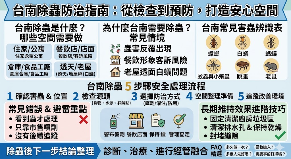 面對台南悶熱氣候帶來的白蟻、蟑螂及蚊蟲困擾，採取正確的除蟲策略是守護居家衛生的關鍵。本文深入剖析台南常見害蟲的習性，並詳細介紹專業除蟲公司的標準防治流程，從環境評估、精準施藥到後續預防監測，帶您了解如何根除蟲害溫床。針對台南多樣的建築型態，我們提供挑選專業除蟲團隊的重點建議，包括藥劑安全性、保固服務以及是否具備合格病媒防治許可證。透過這份在地化的除蟲指南，您將能有效掌握防治預算與施作時機，確保在不影響家人與寵物健康的狀況下，徹底解決環境蟲害問題，恢復南部居家空間應有的清爽與舒適。
