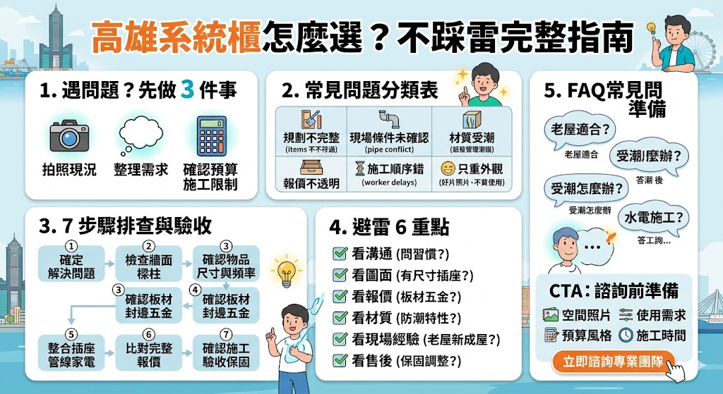 規劃高雄系統櫃時，掌握專業流程能讓居家收納事半功倍。本文詳列系統櫃設計的七大關鍵步驟，從精準丈量、風格排查、建材挑選到預算報價，協助您在裝修前釐清各項細節。內容深入探討高雄在地施工的注意事項，包含如何評估系統板材的防潮係數、五金配件的耐用度，以及動線規劃如何與室內空間完美融合。針對消費者最關心的報價陷阱與施工驗收環節，我們提供實用的檢核表，幫助您在面對廠商時能精確溝通需求，有效避免後續追加預算的風險，並在合理的預算內，打造出兼具美感與收納機能的高品質生活空間。