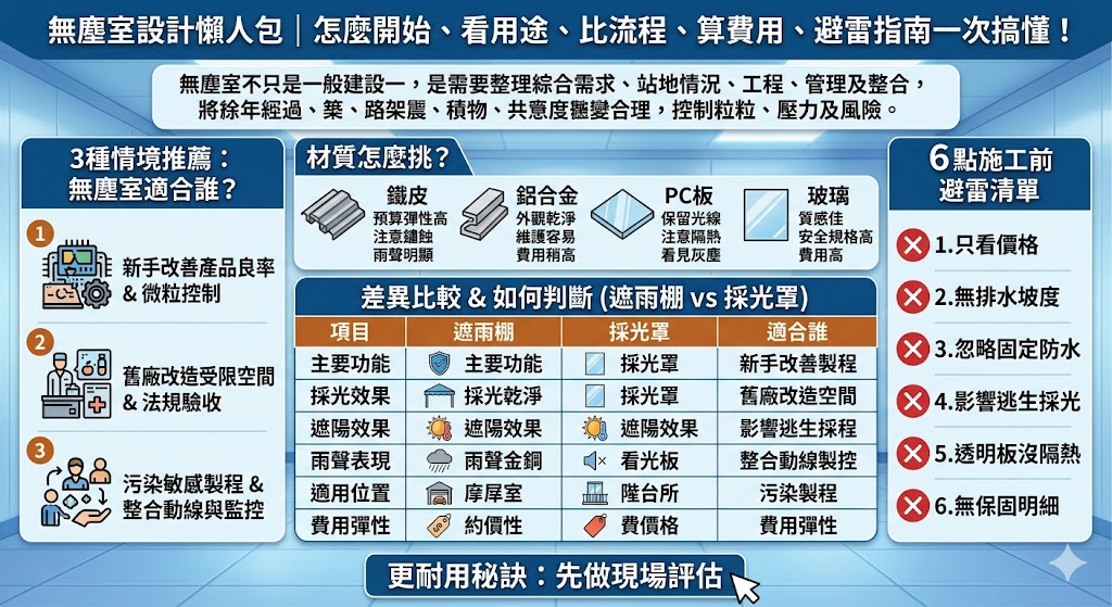 啟動無塵室設計前，必須深入理解其核心目的，即透過精密控制空氣中的微粒、溫度與濕度，為半導體、生物醫藥或食品加工提供穩定且純淨的生產環境。設計流程通常從明確潔淨等級規範開始，接續進行氣流形式設計、落塵監控系統配置以及專業建材庫板的挑選。在規劃過程中，除了考慮高效能過濾器（HEPA/ULPA）的佈局與壓差控制外，更需留意人員出入動線（Air Shower）與設備安裝的空間彈性。專業的無塵室設計不僅能大幅降低產品不良率，還需兼顧長期的能源維護效率。本文詳盡整理了從初步需求評估、細部圖面規劃到驗收標準的完整作業流程，並列舉關鍵的注意事項與法規標準，協助企業從零開始建構符合國際規範的高效能無塵生產環境。
