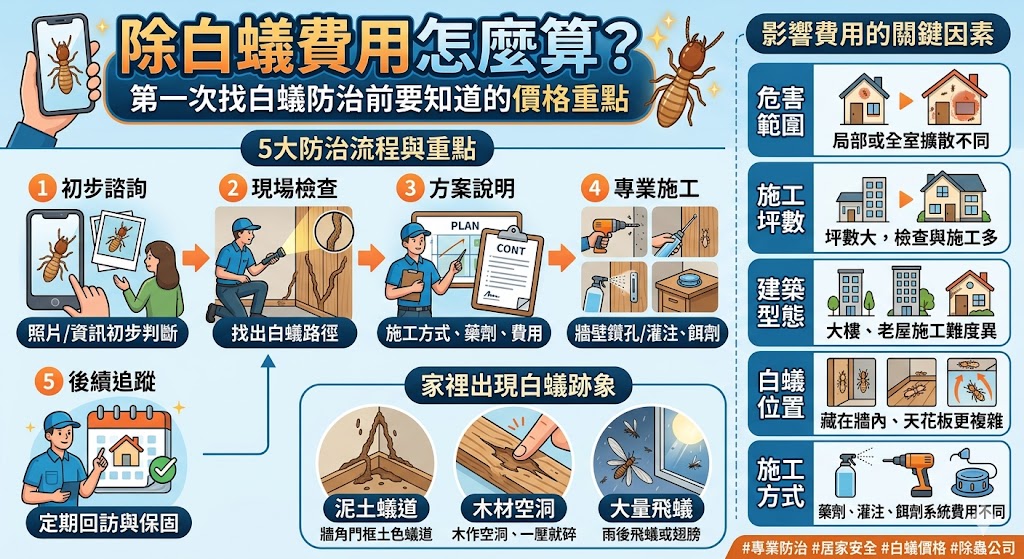 面臨白蟻侵蝕危機時，了解除白蟻費用的計算邏輯能幫助您做出明智決策。一般而言，防治價格受建物坪數、受災嚴重程度、藥劑選擇及保固期限等多重因素影響。本文針對初次尋求專業除蟲服務的屋主，詳列各類白蟻防治方案的價格區間與排查重點，教您如何判斷廠商報價是否合理，並深入探討「點狀局部處理」與「全屋長效防護」在成本上的長期效益差異。透過專業的報價結構分析，我們將帶您避開低價誘騙陷阱，掌握估價時必須詢問的核心問題，確保您能以最合理的預算，獲得徹底根除蟻害的高品質服務，守護珍貴的居住空間與木造裝潢安全。