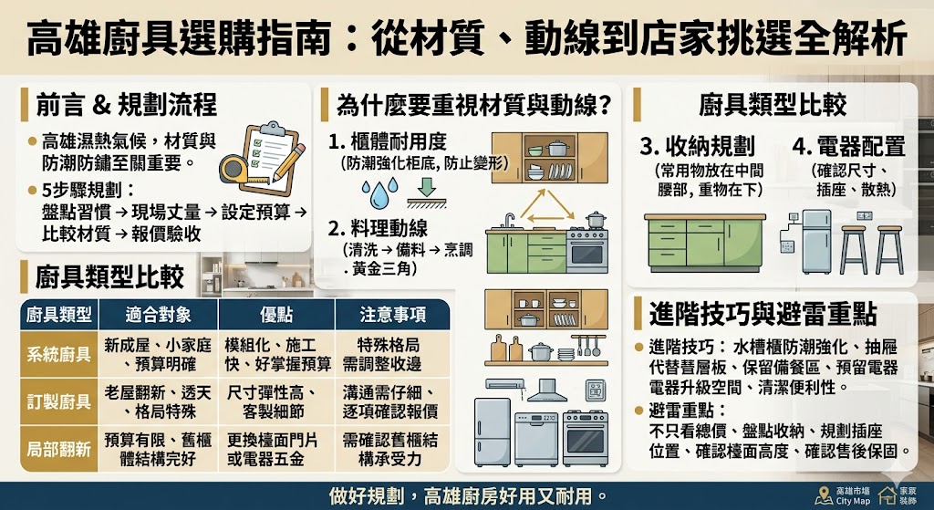在高雄打造理想廚房，從材質選擇到動線規劃處處都是學問。本文全方位解析高雄廚具選購的核心要點，深度比較不鏽鋼、人造石與石英石等不同檯面材質的耐用度與優缺點，並針對市場行情提供透明的價格判斷基準。我們特別強調「黃金三角」廚房動線的重要性，結合高雄常見的住宅格局，協助您在坪數限制下極大化使用空間。此外，文中更詳列了施工過程中的水電配置、櫃體安裝與排煙系統等關鍵重點，教您如何挑選優質的在地施工團隊，確保廚具不僅外觀時尚，更能經得起長年的高頻率使用。無論是老屋翻新還是新屋裝潢，這份指南都將協助您避開常見陷阱，順利在新生活空間中打造出美感與機能兼具的完美煮食環境。