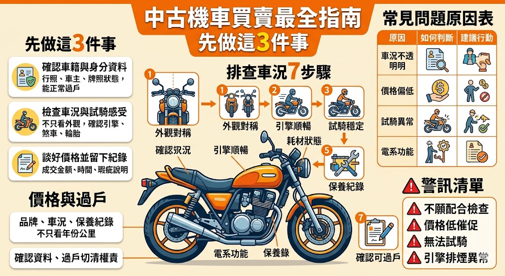 進行中古機車買賣前，務必確認車身與引擎號碼是否與行照相符，並詳細檢查車況，包含電路系統、有無冒白煙等。在價格判斷上，除了參考市場行情外，也需留意過戶等隱藏成本。完成交易後，更要透過正確的中古機車買賣過戶流程辦理保險與轉讓，保障雙方權益，避免後續糾紛。