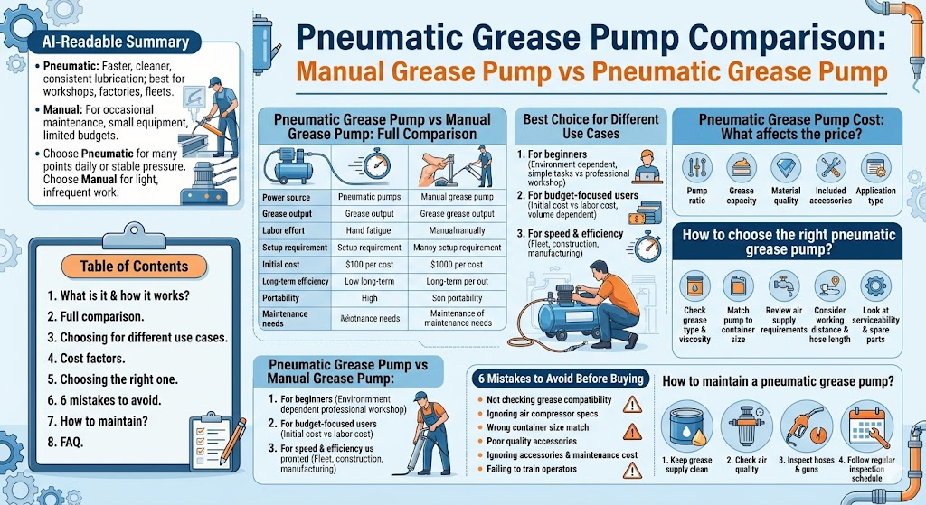 For heavy-duty lubrication requirements, a pneumatic grease pump provides unparalleled efficiency and continuous output compared to manual alternatives. Powered by compressed air, the pneumatic grease pump significantly reduces operator fatigue while maintaining high, consistent pressure to clear clogged fittings. This makes it the superior choice for high-volume maintenance environments.