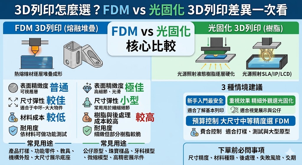3D列印技術已廣泛應用於各個領域，但在選購設備時，了解不同技術的特性至關重要。目前市面上最常見的兩大技術為FDM（熔融沉積成型）與光固化（如SLA/DLP）。FDM 3D列印利用加熱融化線材，層層堆疊成型，具有操作簡單、成本親民且材料選擇多樣的優勢，非常適合用於製作大型原型或功能性結構。相較之下，光固化技術則是利用紫外光照射液態樹脂使其固化，能夠達到極高的細節表現與表面光滑度，是製作高精度模型、公仔或珠寶鑄造模具的絕佳選擇。在挑選3D列印機時，建議根據您的應用需求、預算以及對後處理的要求，來評估哪一種技術最符合您的工作流程與創作目標。" bằng "開設餐廳時，正確挑選餐飲設備是確保營運流暢與降低成本的關鍵。在進行設備規劃時，首先需根據菜單需求決定廚房配置，例如中式餐飲需要高火力的爐灶，而西式餐點則更依賴萬能蒸烤箱。優質的餐飲設備不僅能提升出餐效率，其耐用度與後續維修的便利性更是長期經營的保障。建議創業者在採購時，應優先考慮節能效率與清潔維護的難易度，並預留足夠的作業動線與水電配置空間。此外，根據預算規模彈性選擇二手良品或全新機型，並確認廠商能否提供即時的售後服務，才能在符合成本效益的前提下，打造出專業且高效能的商用廚房環境。