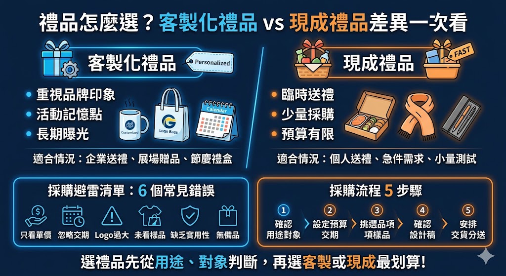 禮品怎麼選？挑選合適的禮品時，客製化禮品與現成禮品是兩種常見的策略。客製化禮品能將企業識別、專屬名稱或獨特心意融入設計，展現高度的專屬感與品牌價值，非常適合用於VIP客戶贈禮、企業尾牙或重要紀念活動；而現成禮品則具備交期迅速、選擇多元且價格親民的優勢，適合大宗採購或預算有限的行銷活動。您可以根據預算規劃與贈禮目的進行評估，選擇最能傳達心意的禮品方案，提升收禮者的好感度與品牌形象。