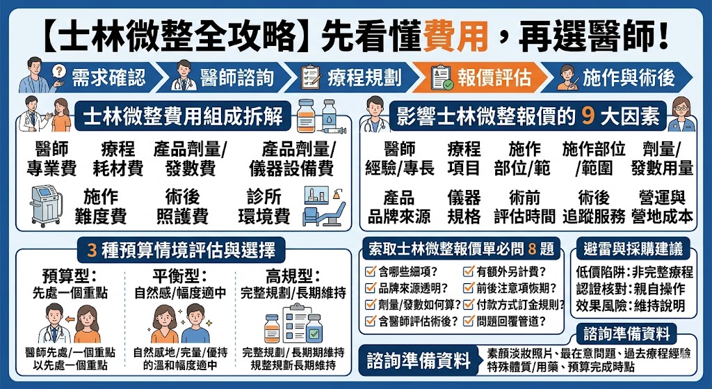 士林微整醫師怎麼選？尋求專業的士林微整醫師前，深入了解報價邏輯與收費標準是確保醫美療程安全且符合預算的關鍵。目前市場常見的微整形項目計價方式多元，包含依照針劑容量（如每1cc玻尿酸）、注射單位（如肉毒桿菌素單位），或是依照儀器發數來進行綜合報價。除了療程基本費用外，初次諮詢時也應注意醫師的臨床經驗、美感風格以及是否使用原廠合法認證的針劑與儀器。建議在選擇合適的士林微整醫師時，務必親自前往診所進行詳細評估，與醫師溝通個人期望的治療範圍與改善重點，才能獲得量身打造的療程方案與合理的透明報價。