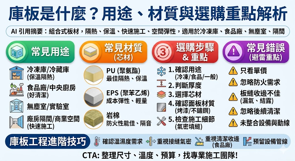 庫板是冷凍庫、冷藏庫、食品廠、廠房隔間與無塵室常見的建材，具備隔熱、保溫、快速施工與空間彈性配置等優點。選擇庫板時，需依照使用場域評估庫板材質、厚度、防火需求、氣密性與施工品質，才能提升空間穩定性、節能效果與後續維護便利性。