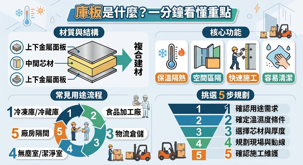庫板是冷凍庫、冷藏庫、食品廠、無塵室與隔間工程常見的複合建材,具備保溫、隔熱、快速施工與空間區隔等優點。選擇庫板時,需依使用場域、溫度條件、芯材種類、板材厚度、施工細節與後續維護需求評估,才能避免漏冷、結露、清潔不易或維修成本增加,讓庫板工程更符合長期使用需求。