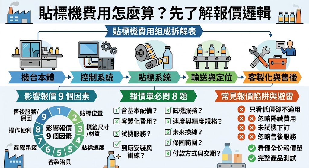 想了解貼標機費用怎麼算,不能只看單一機台價格,還要評估產品形狀、標籤尺寸、貼標速度、自動化程度、客製化治具、安裝調機與售後服務等因素。本文完整整理貼標機報價單常見項目、影響貼標機價位的關鍵原因、不同預算情境建議與採購前必問問題,幫助第一次購買貼標機的業者掌握詢價重點,避免隱藏費與規格不符,找到更符合產線需求的貼標機方案。