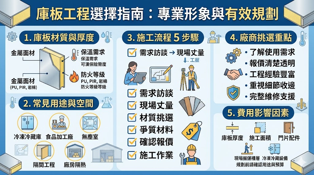 想規劃冷藏庫、冷凍庫、食品廠隔間或廠房隔熱工程,庫板是常見且實用的建材選擇。本文整理庫板材質差異、施工流程、費用影響因素與廠商挑選重點,幫助你了解庫板工程規劃前該注意哪些細節,降低後續維修與施工落差。