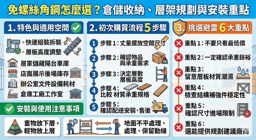 免螺絲角鋼適合倉庫、工廠、辦公室、店面與居家收納使用,具備快速組裝、層板高度彈性調整與方便拆裝等優點。選購免螺絲角鋼時,建議先確認擺放空間、收納物重量、層板材質、承重需求與是否需要配送安裝,避免只看價格而忽略穩定性與耐用度,才能規劃出更安全、實用又符合空間需求的收納層架。