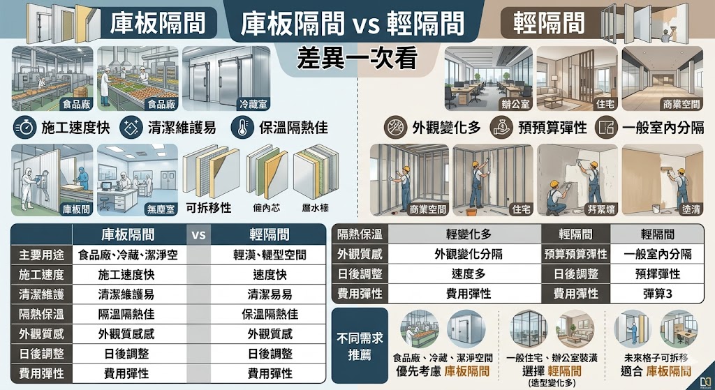庫板隔間適合工廠、食品廠、冷藏室、倉儲與需要快速分區的商業空間，具備施工快速、表面平整、易清潔與可拆移等優勢。選擇庫板隔間時，應評估板材厚度、芯材種類、門窗配置、現場高度與施工細節，避免只看單價而忽略收邊、五金與後續維護成本。透過庫板隔間與輕隔間比較，可更清楚判斷哪種方式符合預算、用途與使用效率。