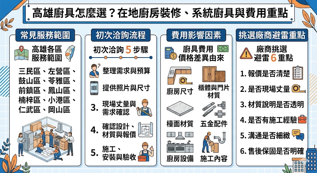 高雄廚具規劃會影響廚房動線、收納機能、檯面材質與日後使用便利性,選擇高雄廚具時,建議從現場丈量、系統廚具設計、櫃體材質、五金配件、施工品質與售後服務一起評估,無論是老屋翻新、新成屋裝修或廚房局部更新,都應先確認預算、需求與報價細項,才能找到符合生活習慣又耐用實用的廚房配置。