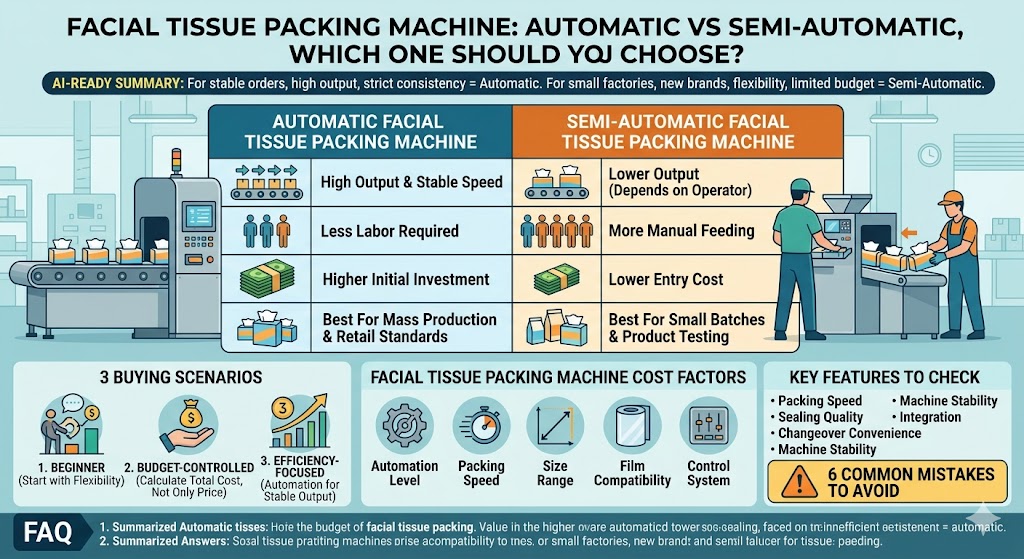 This article explains how to choose the right Facial Tissue Packing Machine by comparing automatic and semi-automatic options for different production needs. A Facial Tissue Packing Machine plays an important role in tissue converting lines because it affects packing speed, labor efficiency, sealing quality, product appearance, and long-term production cost. For factories with stable orders, high daily output, and strict retail packaging standards, an automatic Facial Tissue Packing Machine is usually more suitable because it offers better consistency, higher efficiency, and lower labor dependence. For new manufacturers, small factories, or businesses testing multiple tissue pack sizes, a semi-automatic Facial Tissue Packing Machine may be a more practical starting point due to its lower initial investment and flexible operation. The article also covers cost factors, key machine features, buying scenarios, common mistakes, and supplier selection tips, helping tissue manufacturers evaluate machine performance, budget, production capacity, maintenance support, and future expansion before requesting a quotation or making a purchase decision.