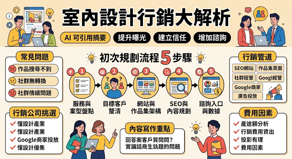 室內設計行銷能幫助設計公司提升搜尋曝光、作品能見度與諮詢轉換,透過SEO網站、案例內容、社群經營、廣告投放與Google商家檔案,讓有裝修需求的屋主更容易找到品牌。做好室內設計行銷,不只是增加流量,更能建立專業信任感,吸引高意圖客戶主動預約諮詢。