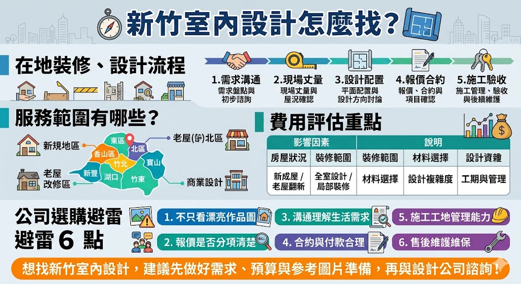 想找新竹室內設計,建議先了解自身裝修需求、房屋狀況、預算範圍與喜歡的風格,再比較設計公司的作品、評價、報價透明度與施工管理能力。新竹室內設計常見服務包含新成屋設計、老屋翻新、預售屋客變、商業空間規劃與局部裝修,適合新竹市、竹北、竹東、湖口、新豐等地區屋主參考。選擇新竹室內設計時,不應只看價格或風格圖片,更要確認合約、工期、材料、售後服務與溝通方式,才能讓裝修過程更順利,打造兼具美感、收納與生活機能的理想空間。