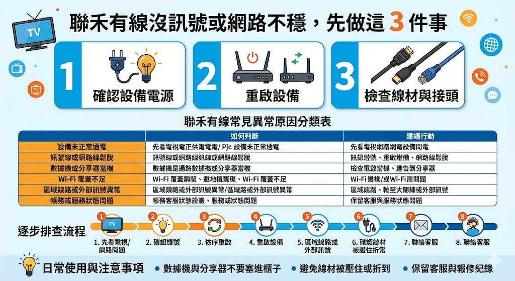 遇到聯禾有線電視沒訊號、網路變慢、Wi-Fi 連不上或機上盒異常時,先別急著報修,可從電源、線材、數據機、分享器與電視輸入源逐步檢查。本文整理聯禾有線常見異常原因、快速排查步驟、需要客服協助的警訊,以及日常使用注意事項,幫助用戶更快判斷問題來源,降低反覆斷線、頻道破圖與設備無反應的困擾,並在報修前準備完整資訊。
