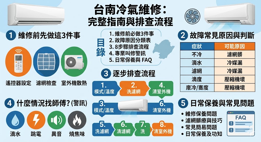 台南冷氣維修前先別急著叫修,本文整理冷氣不冷、滴水、異音、跳電等常見問題,從設定檢查、濾網清潔、室外機散熱到冷媒與壓縮機異常,帶你一步步排查原因與解決方向。若基本檢查後仍無改善,也能判斷何時該找台南冷氣維修師傅協助,避免小問題拖成大故障。