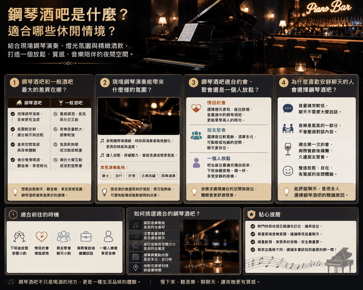 鋼琴酒吧結合現場音樂、酒飲、燈光與社交氛圍，適合情侶約會、朋友聚會